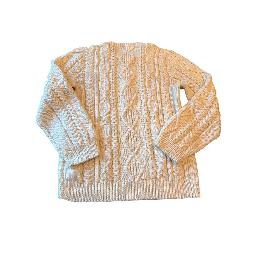 Sweater Ivory Hand Knit Fisherman Aran Cable Knit Wool Blend Crew Neck - Picture 4 of 4